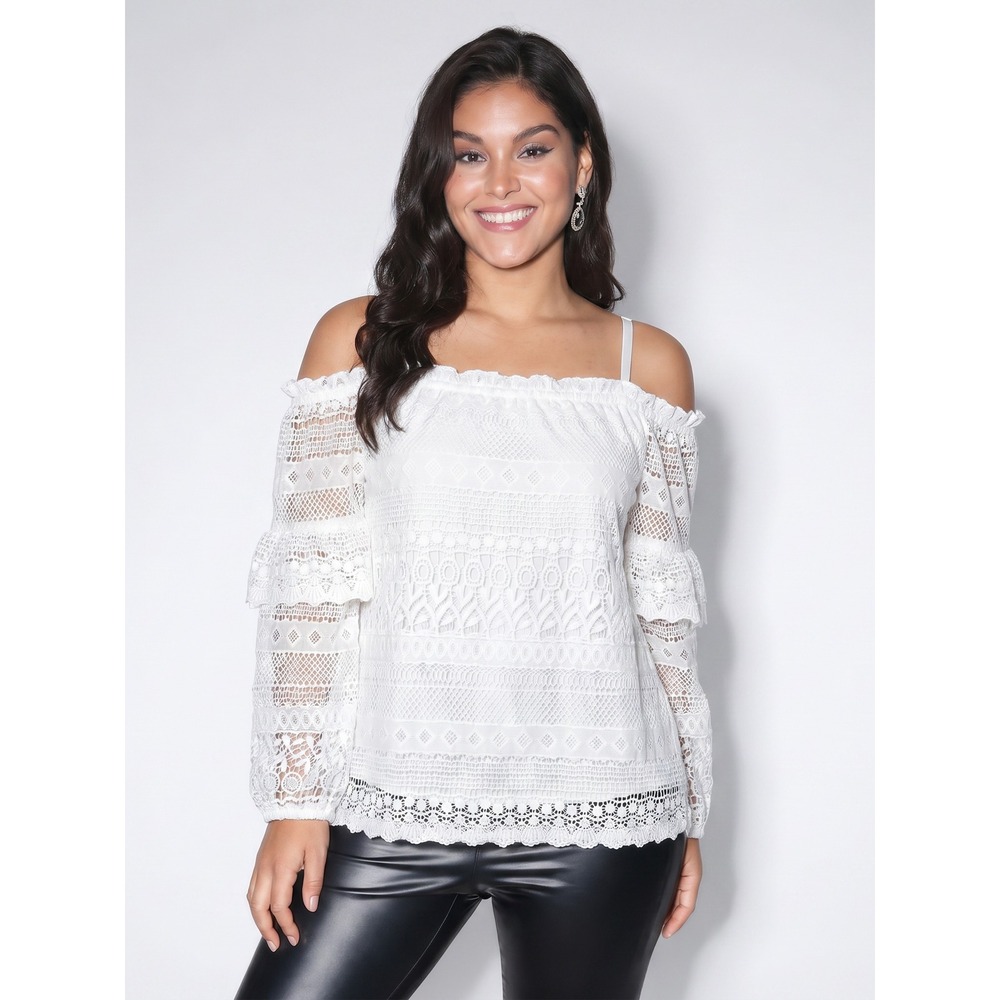Parker Jordanna Off Shoulder Lace Blouse Women's Sz XS White Frilly Long Sleeve